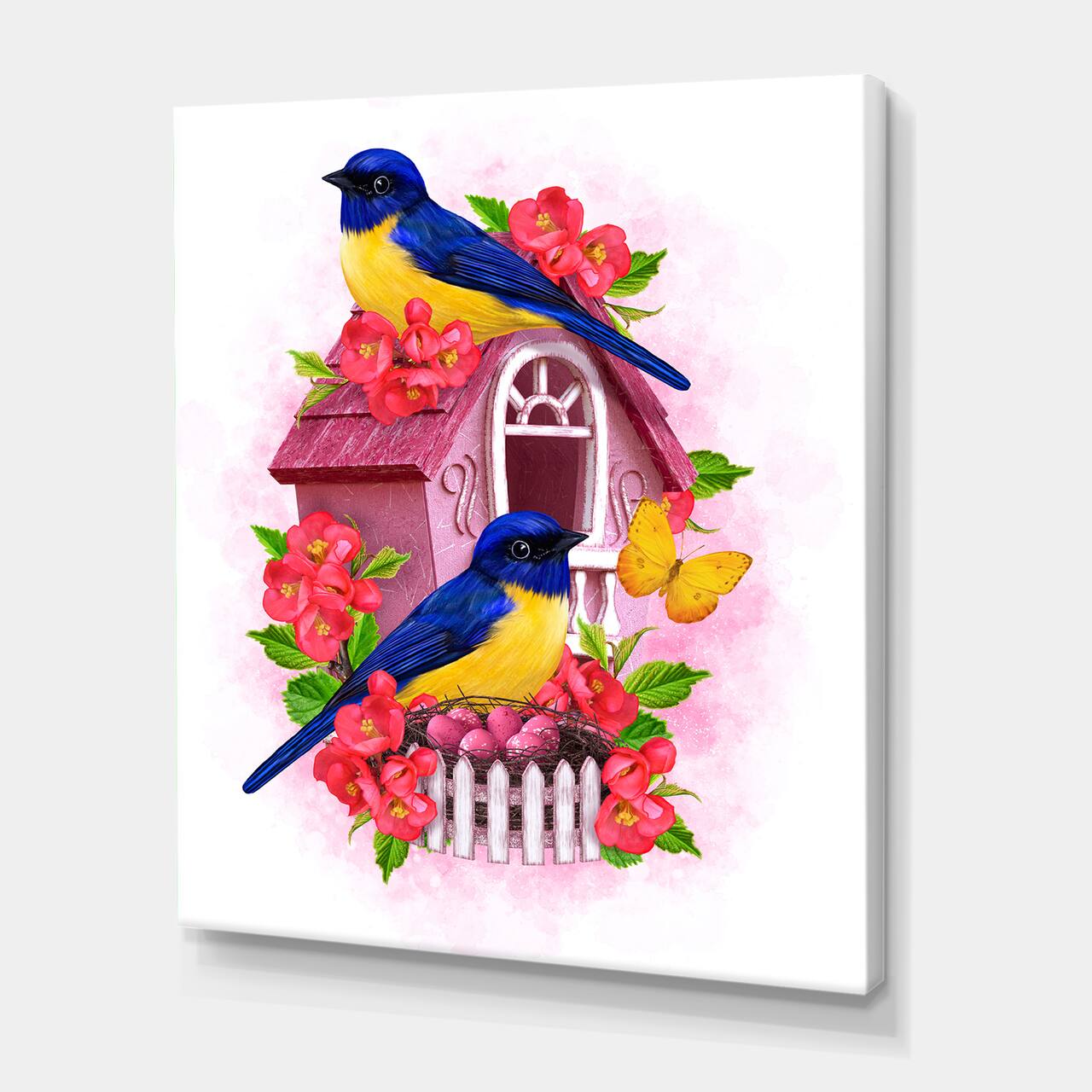 Designart - Two Blue &#x26; Yellow Tit Birds Sitting Near The Nest - Traditional Canvas Wall Art Print